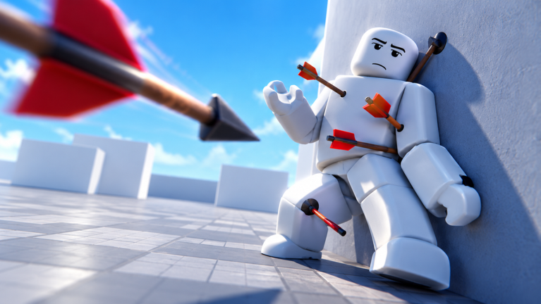 Ragdoll Reality thumbnail of a white dummy slumped against a wall with several arrows stuck in it while another arrow flies in.